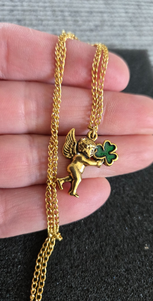 Vintage Gold Tone Angel Pendant Necklace with Green Clover Charm