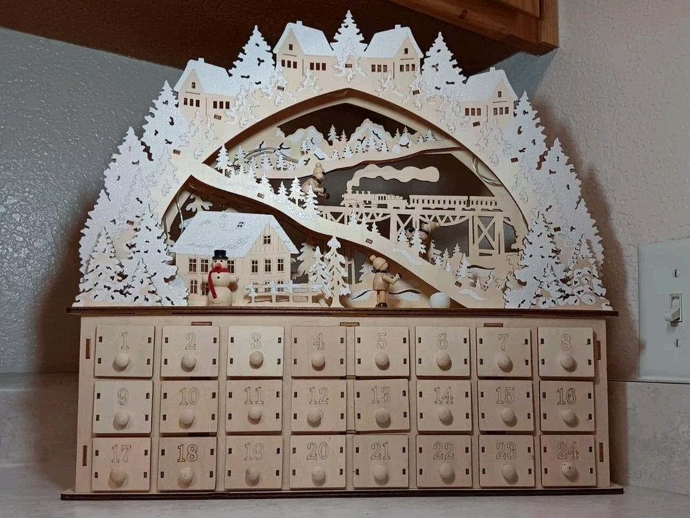 Wooden Advent Calender Light Up People Sleighing Train Snowman