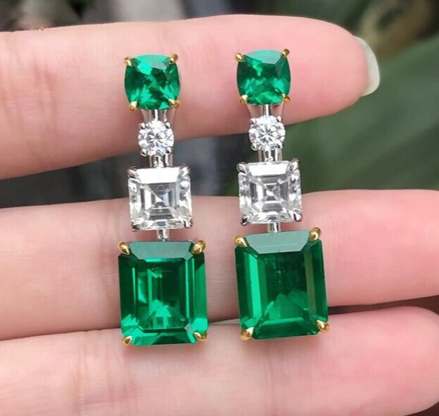 Silver Plated 3 CT Simulated Emerald Dangling Earrings for Valentine Gifts
