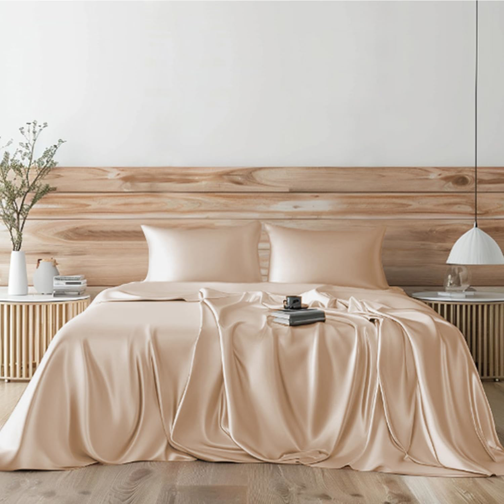 Candoury Queen Satin Sheets Set 4 Pcs, Soft Luxury Pillowcase Flat Fitted Sheet