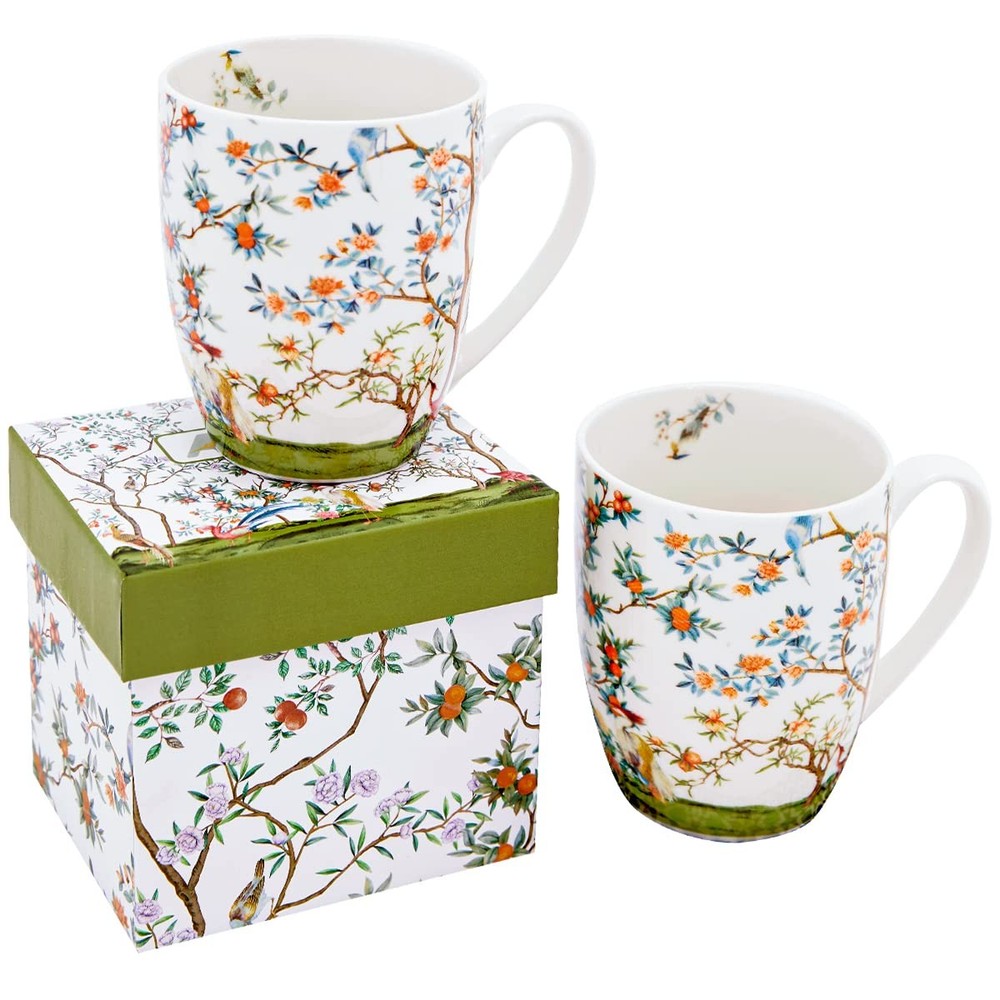 Bird & Branch Floral Porcelain Coffee Mug Set – 2-Pack