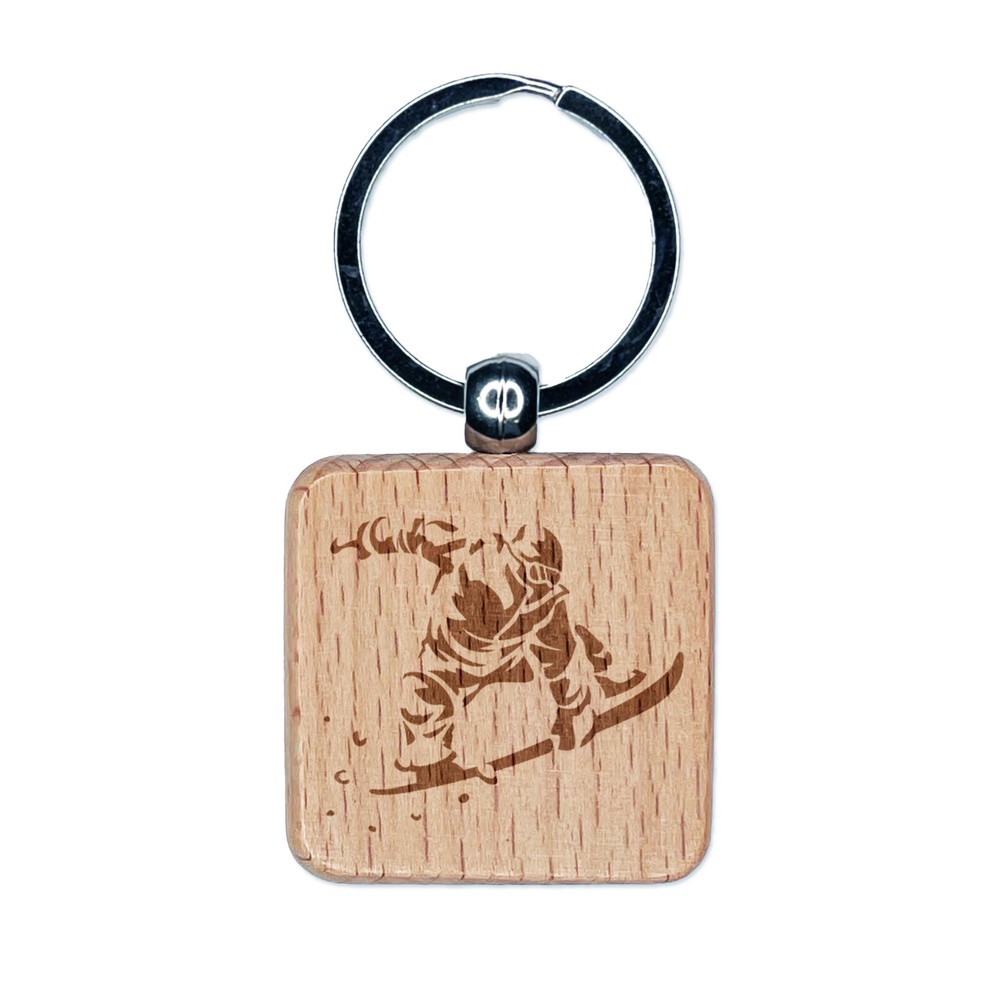Snowboarder Jumping Flying Through Air Engraved Wood Square Keychain Tag Charm