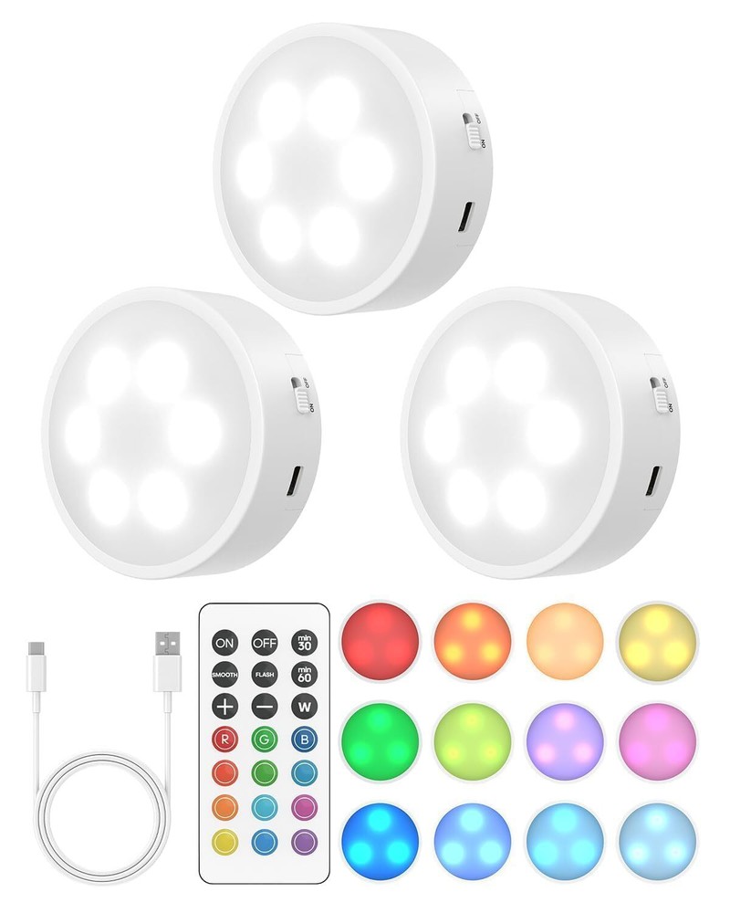Puck Lights with Remote, 13 RGB Colors LED Under Cabinet Lights, Rechargeable...