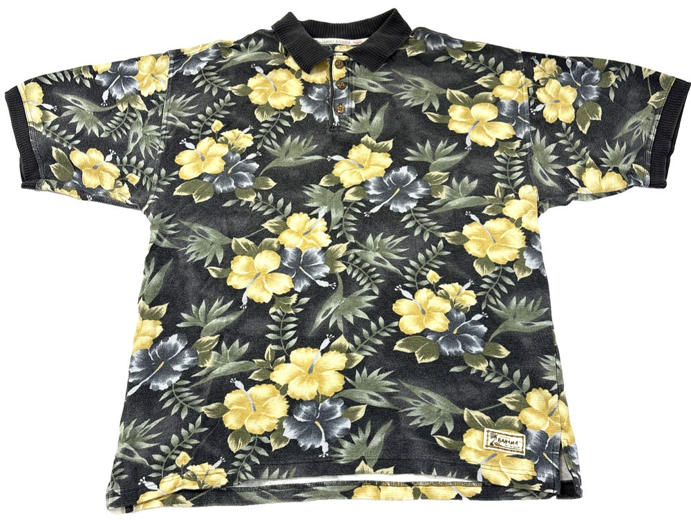 Vintage 90s Tommy Bahama Hawaiian Polo Men’s XL Yellow Floral 100% Cotton Shirt