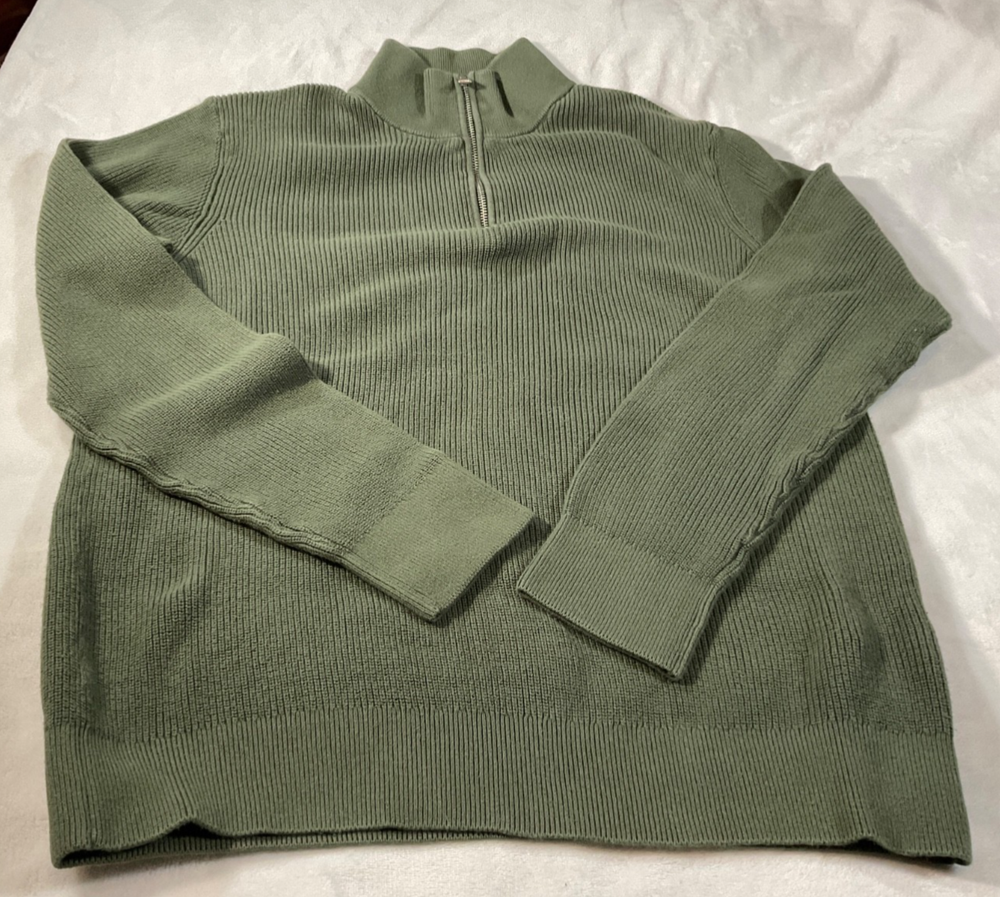 H&M Men's Slim Fit Ribbed Quarter Zip Sweater Olive Green Size M Pullover