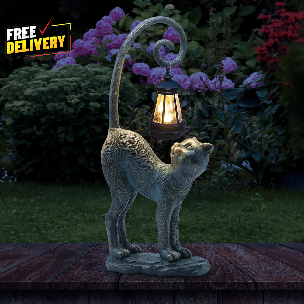 Solar-Powered Resin Cat Statue with Glowing Eyes – 15.3 Inch Garden Decor Sculpture