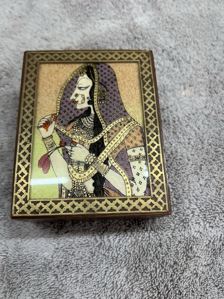Crushed Gemstone Painting Woman Wood Trinket Jewelry Box