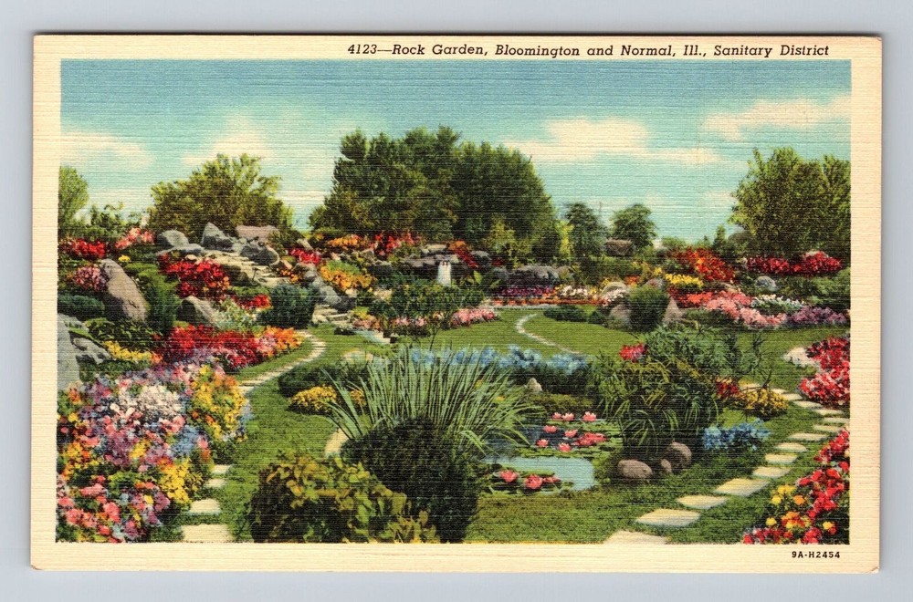 Bloomington IL-Illinois, Rock Garden, Colorful Flowers, Vintage Postcard