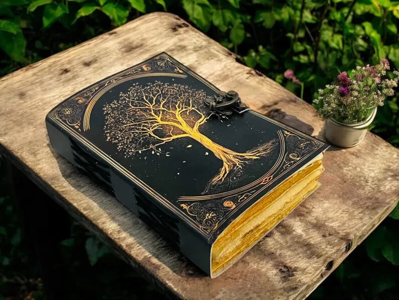 Large Grimoire leather journal Notebook Tree of Life, Blank spell book of shadow