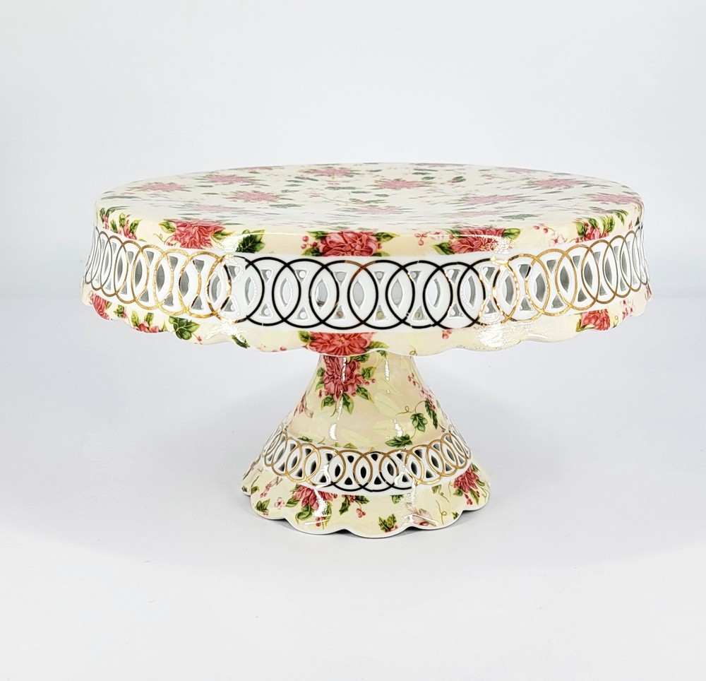 Poinsettia Jay Paul & Son Christmas Pedestal Scalloped Gold Ceramic Cake Stand