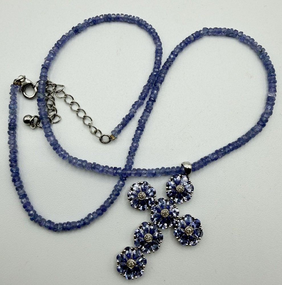 Designer Tanzanite 925 Sterling Silver Cross Pendant Tanzanite Necklace Signed