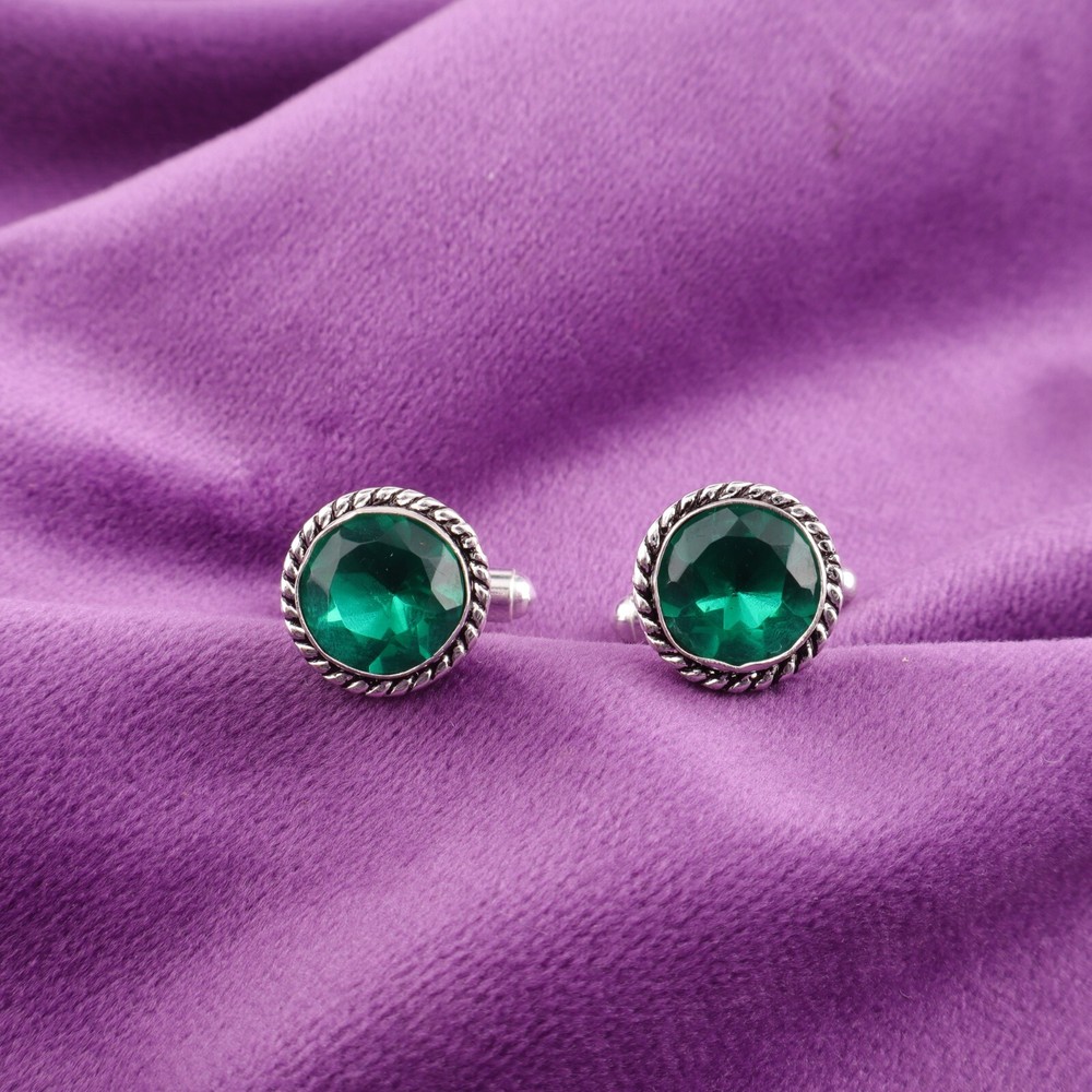 Valentines Deal Natural Green Emerald 925 Silver May Wedding Designer Cufflinks
