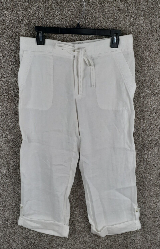 Ann Taylor LOFT Lounge Pant Womens 10 Off White Linen Cuffed Pockets Mid Rise