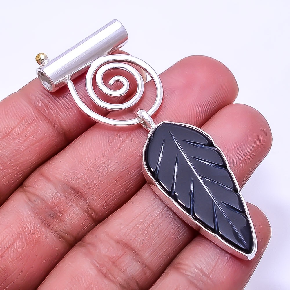 Natural Carved Black Onyx- Brazil Designer 925 Sterling Silver Pendant 2.34