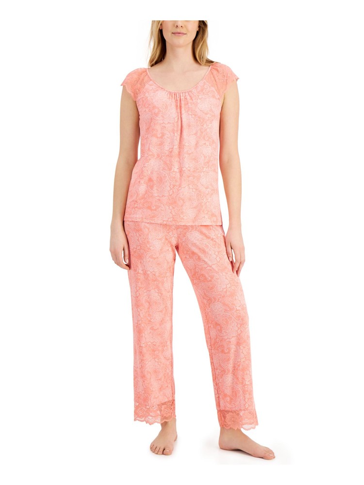 CHARTER CLUB Womens Coral Top Lace Cap Sleeve Straight leg Pants Pajamas S