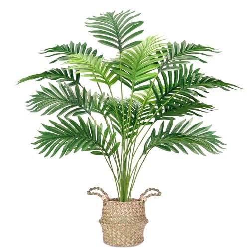 28Inch Realistic Fake Potted Areca Palm Plant with Hand-Woven Trunk