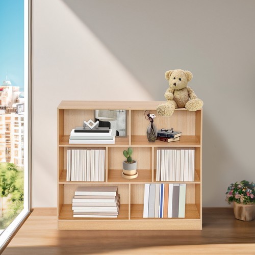 Wood Color Floor Standing Bookshelf, 7 Compartments, 100x100x23cm for Office