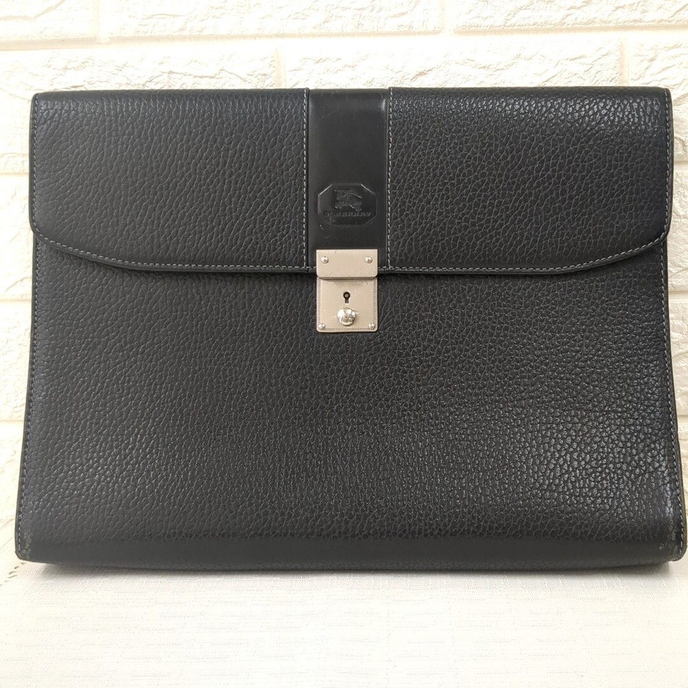 Burberry Leather Clutch Bag Men's Black 26.5cm x 36cm Used from Japan