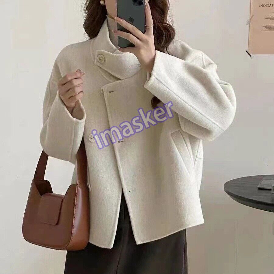 Womens Stand Collar Double-sided 100% Wool short Trench Coats Jackets sz