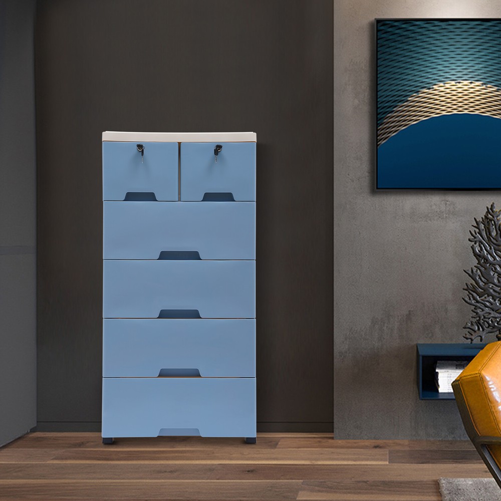 Clothes Storage Cabinet 6 Drawers & Lock &Keys Dresser Organizer 4 Wheels Blue