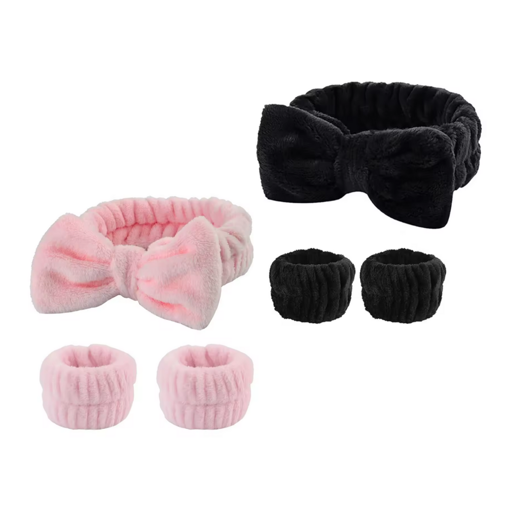 Plush Headband and Wristbands for Skincare routine, black and pink, 6pcs.