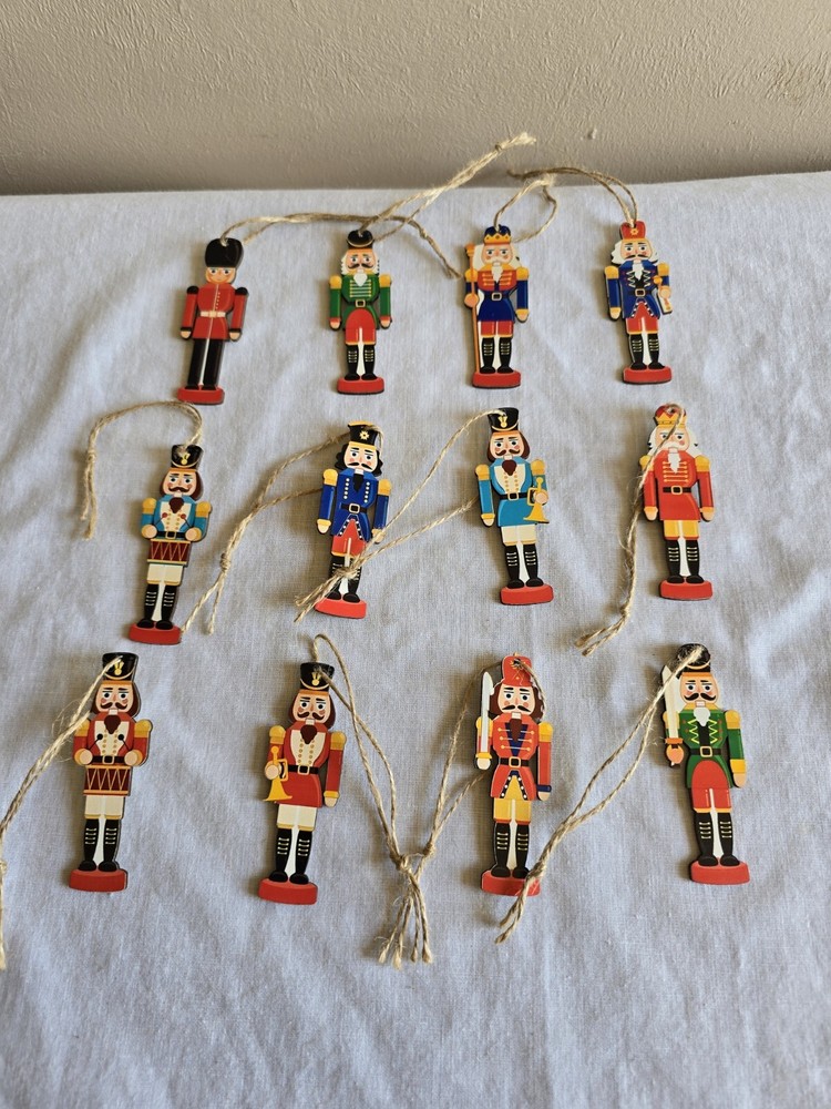 12pc Set Wood Toy Soldiers Hanging Christmas Tree Ornaments Holiday Decorations
