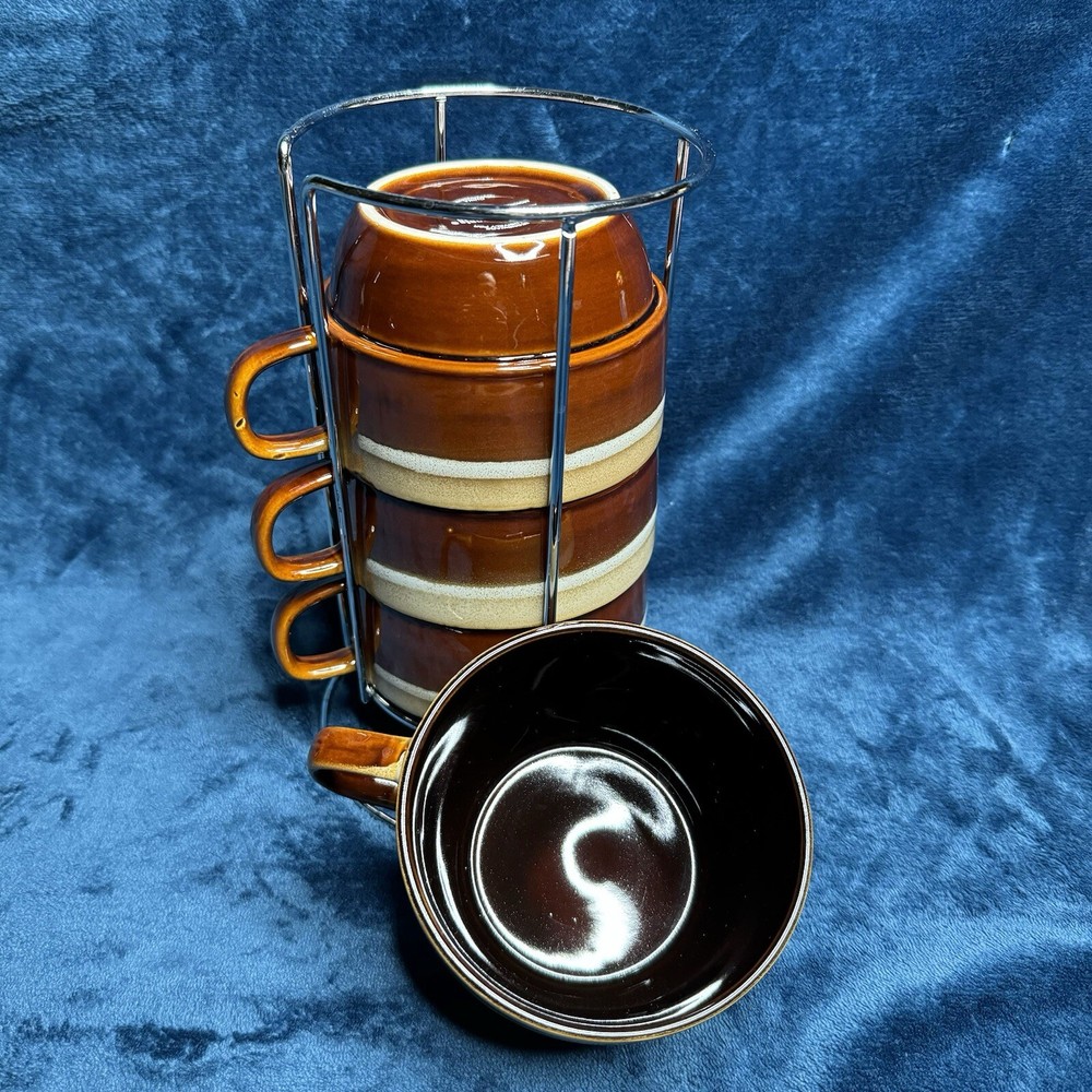 Pier 1 One Imports Stackable Mugs Cups Set Of 4 Includes Rack, Brown Stoneware