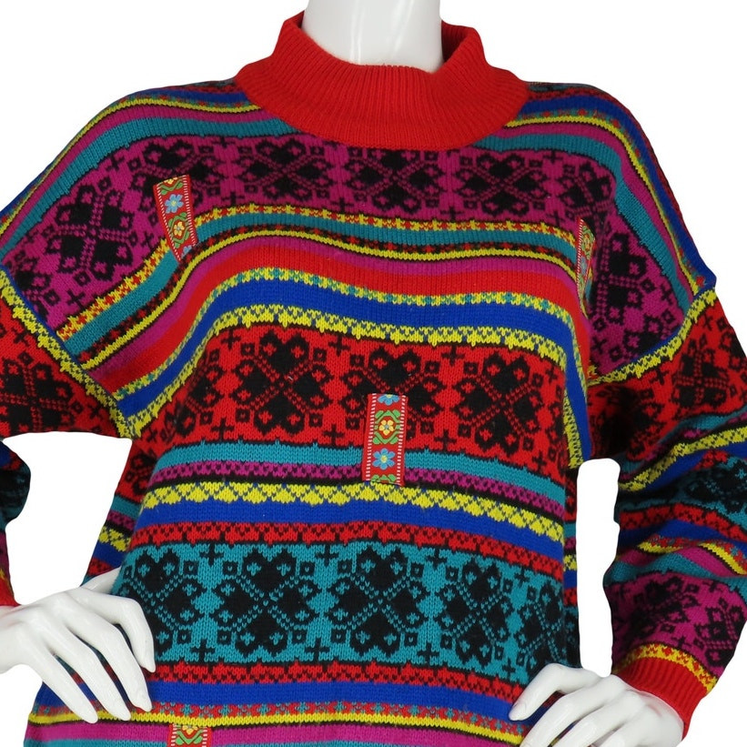 80s Vintage Striped Bright Neon Funky Floral Knit Sweater L