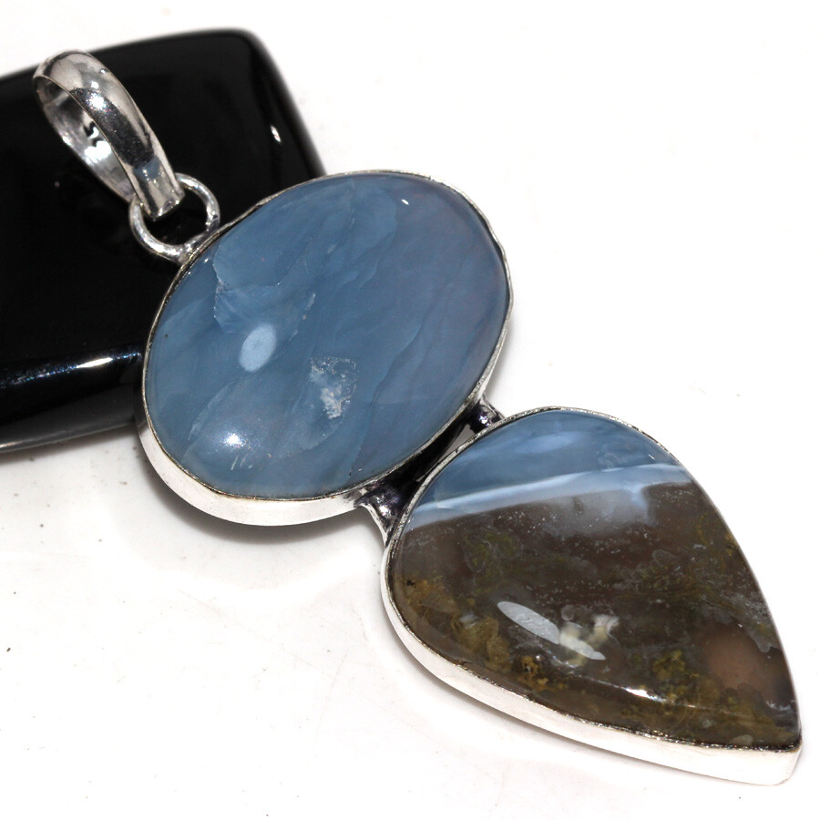 925 Silver Plated Owhyee Blue Opal Ethnic Long Pendant Jewelry Size 2.6