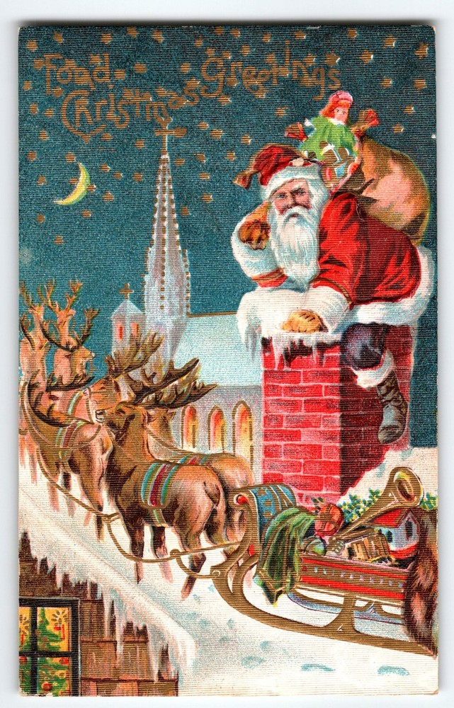 Santa Claus Christmas Postcard Sled Reindeer Moon Stars Fond Greetings Embossed