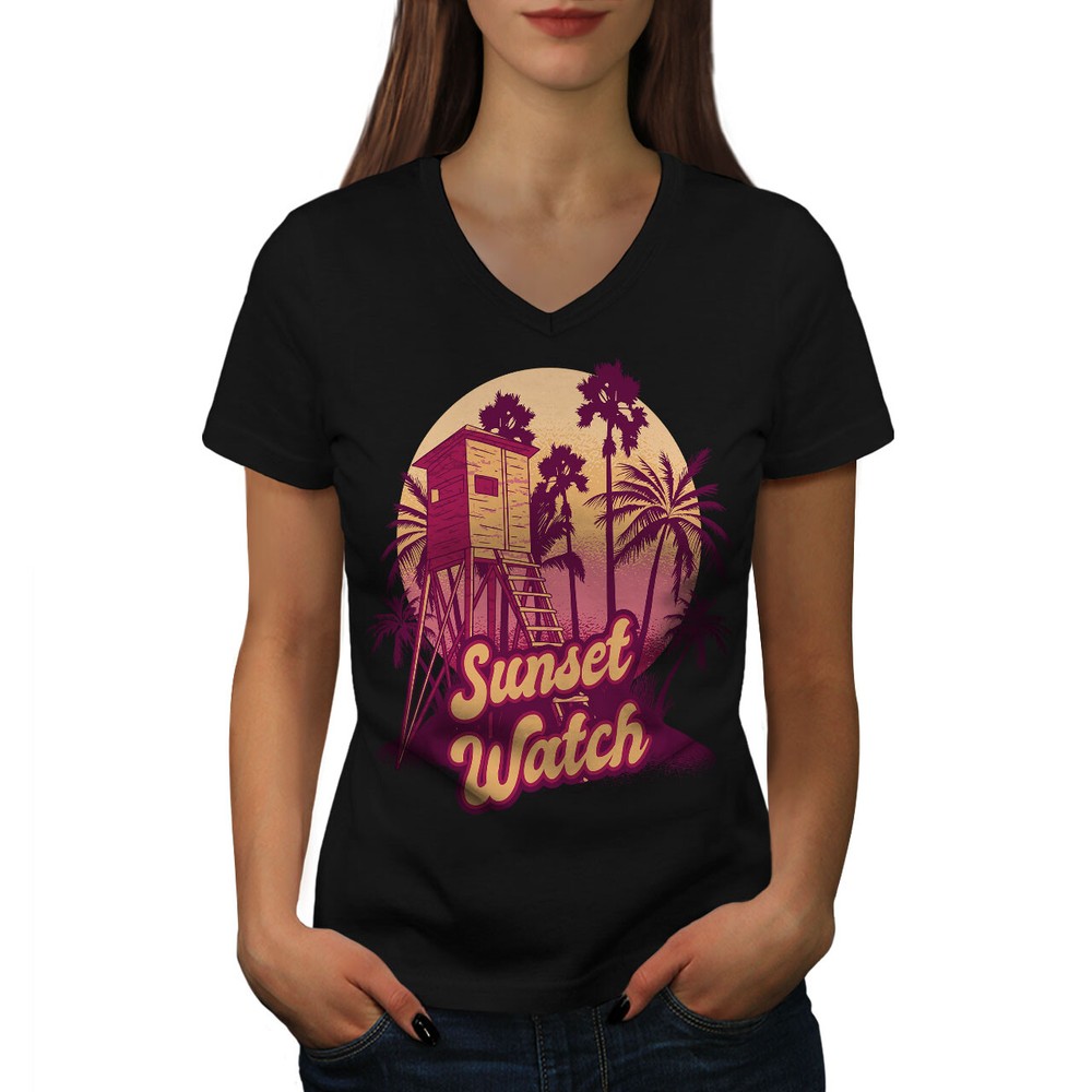 Wellcoda Sunset Watch Lifeguard Tower Beach Scene Womens V-Neck T-shirt