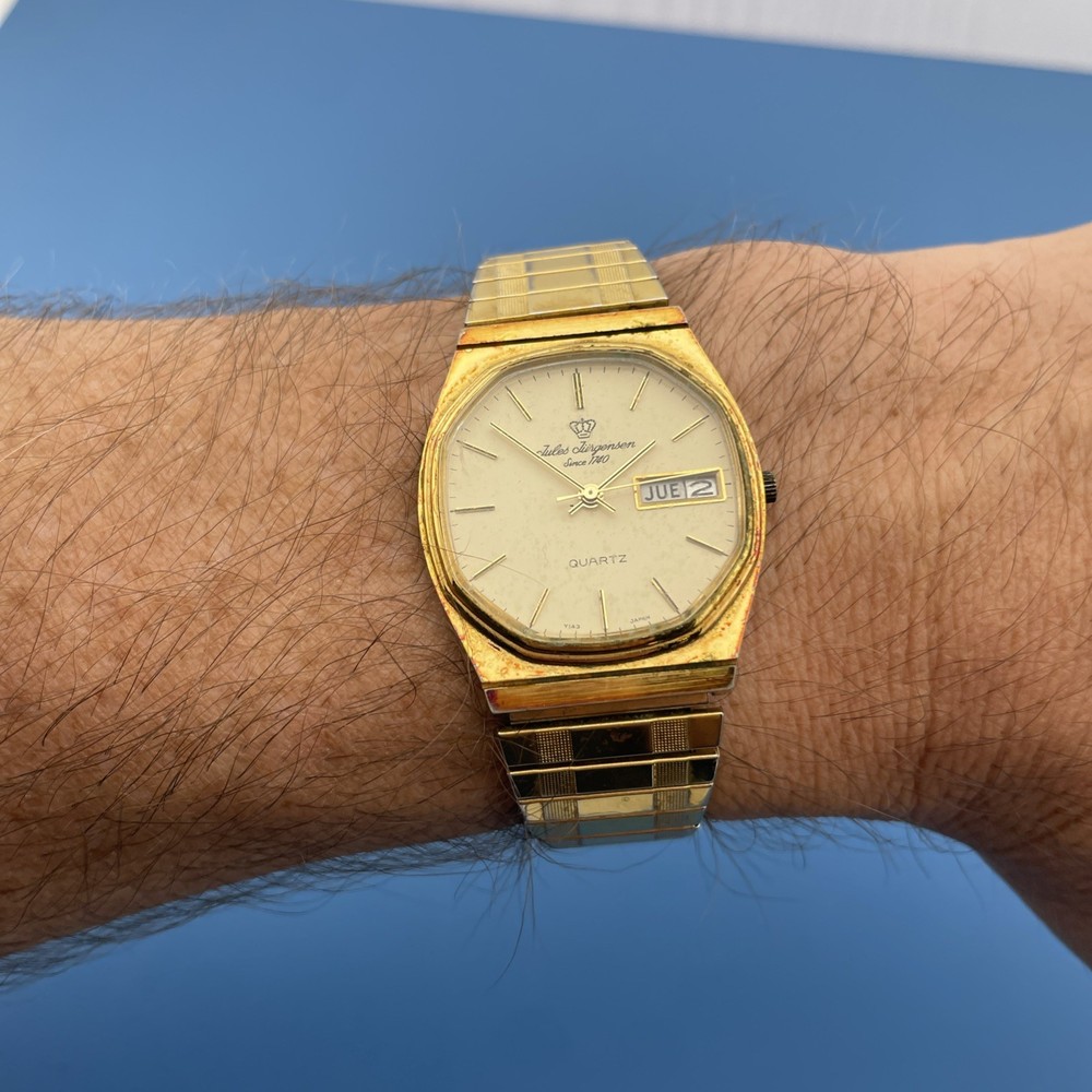 Vintage Jules Jurgensen Quartz Day Date Gold Tone Watch Mens Stretch Japan 32mm