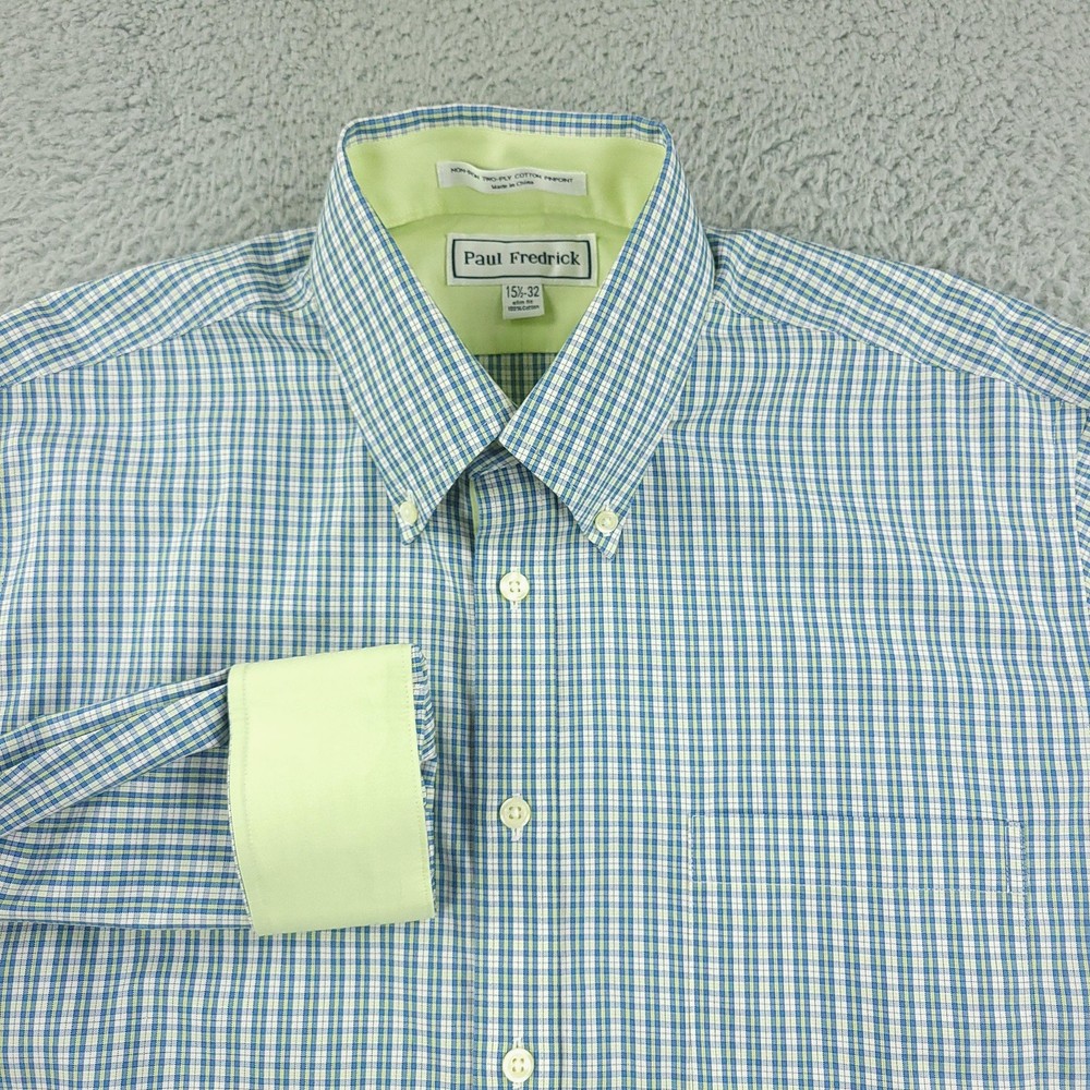 Paul Fredrick Shirt Mens 15.5-32 Blue Green Check Slim Fit Non Iron Cotton