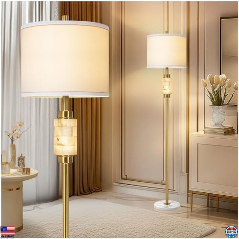 Natural Alabaster Floor Lamp with Linen Shade, Marble Base, Night Light Included