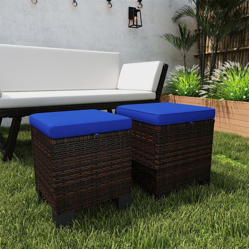 Cozy Wicker Outdoor Ottomans Set of 2 Stylish Patio Furniture