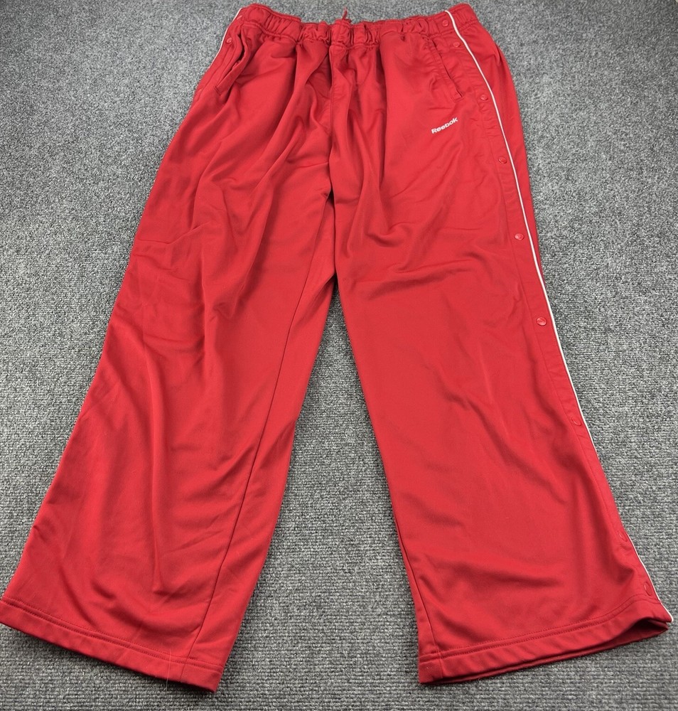 Vintage Reebok Track Pants Mens 2XL Red Polyester Fleece Lined Break Away Snap
