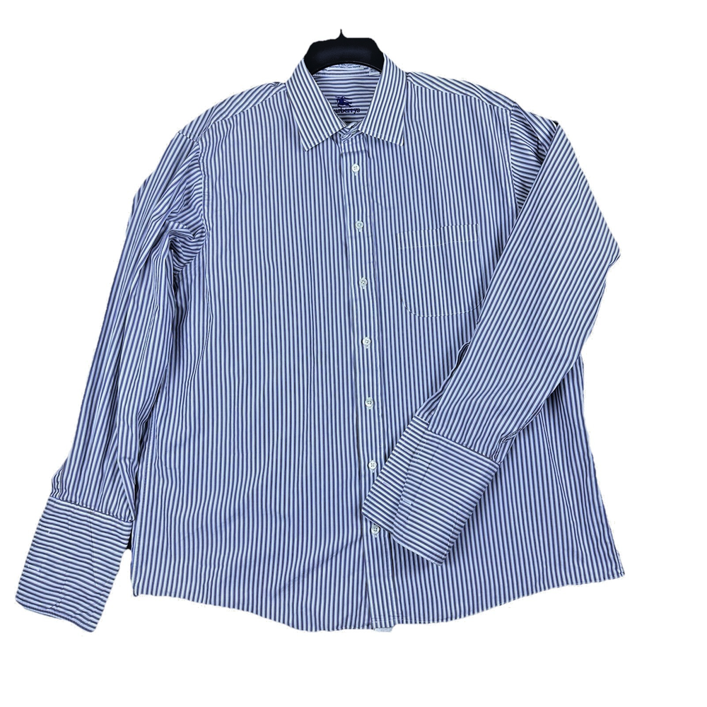 VTG Burberrys Men 17.5 35 Blue Brown Striped Dress Shirt Made in USA 100% Cotton