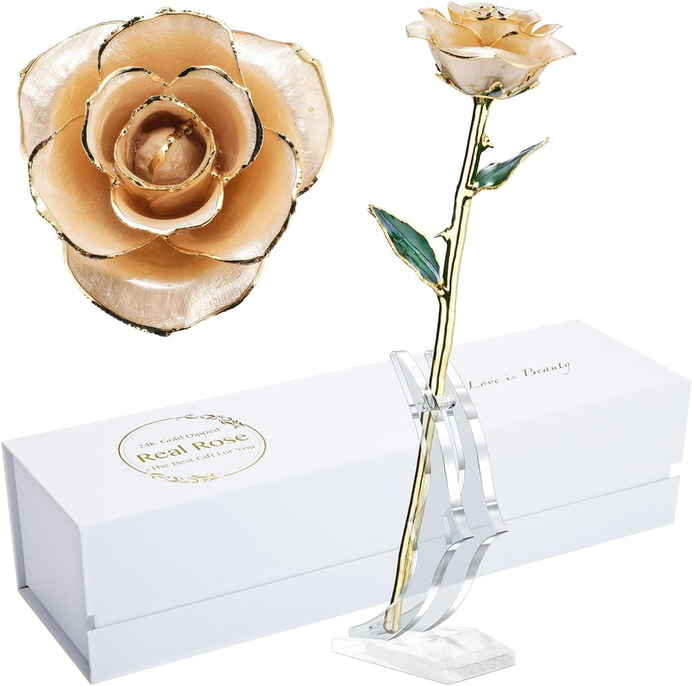 24K Gold Dipped Real Ivory Rose with Stand, Ideal Gift for Her