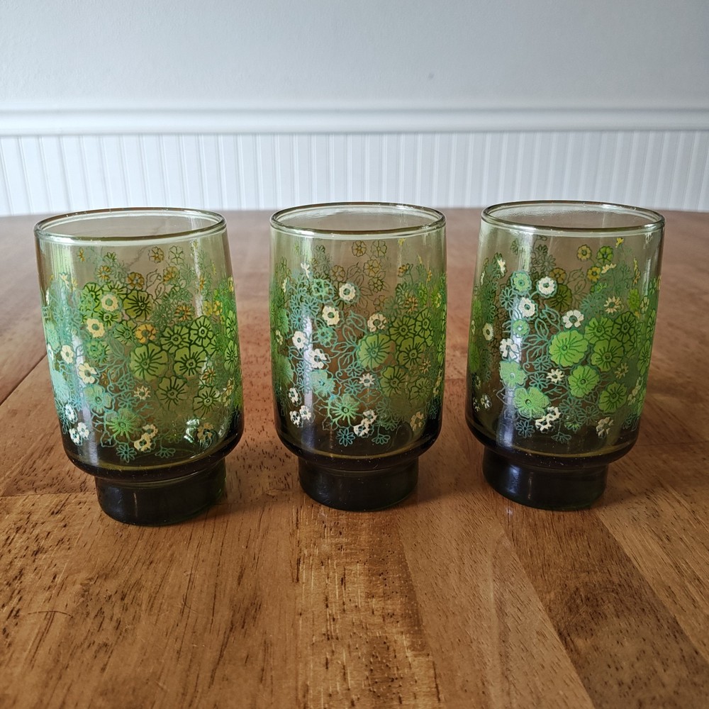 Vtg Libbey Daisy Green Yellow Flowers 5
