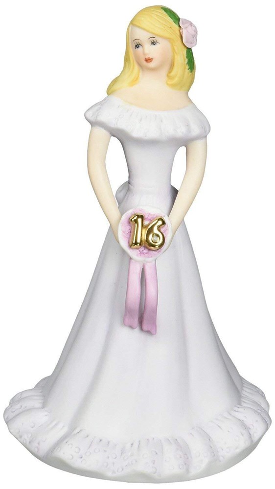 16-Year-Old Blonde Girl Porcelain Figurine in Gold and Pink, 7.5 Inches
