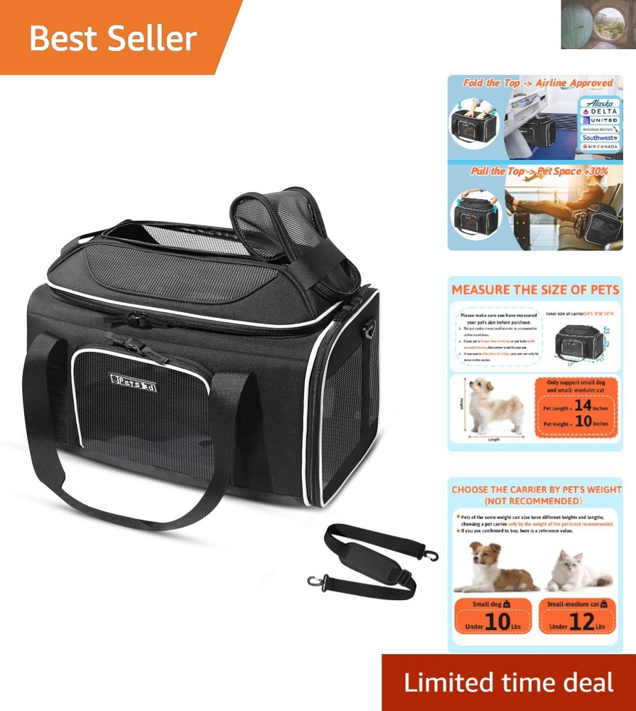Locking Zipper Expandable Pet Carrier 17x11x9.5 for Small Dogs & Cats