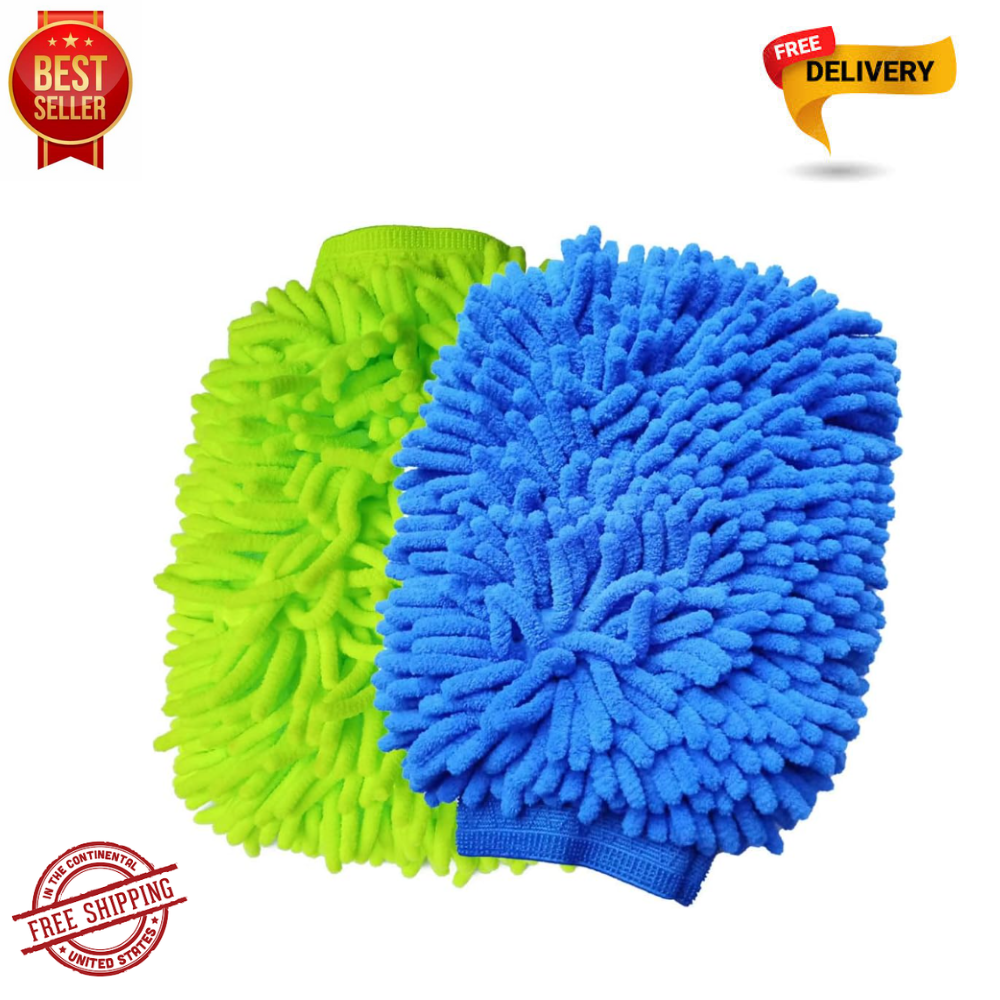 Microfiber Chenille Car Wash Mitt 2 Pack Soft Hand Wash Gloves Green Blue