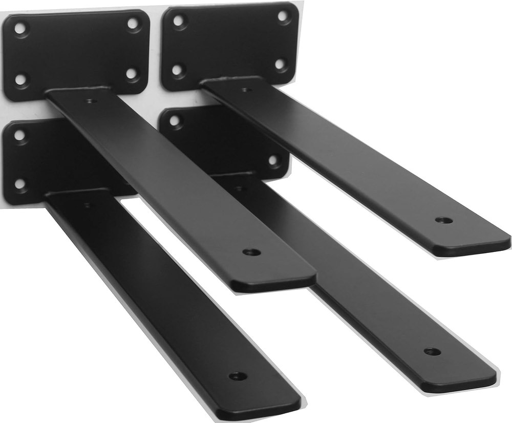 4 Pack 10 Inch Black Hidden L Shelf Bracket 1/5 Inch Thick Iron Floating Shelf Support