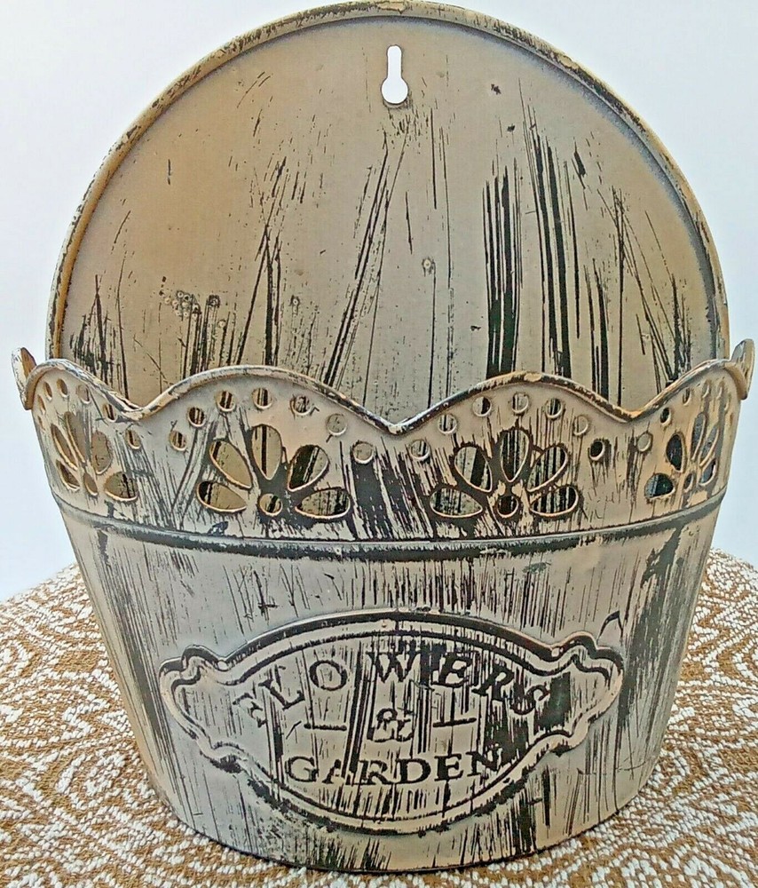 Cream Whitewashed Distressed Flowers & Garden Embossed Metal Wall Pocket 8x8x3