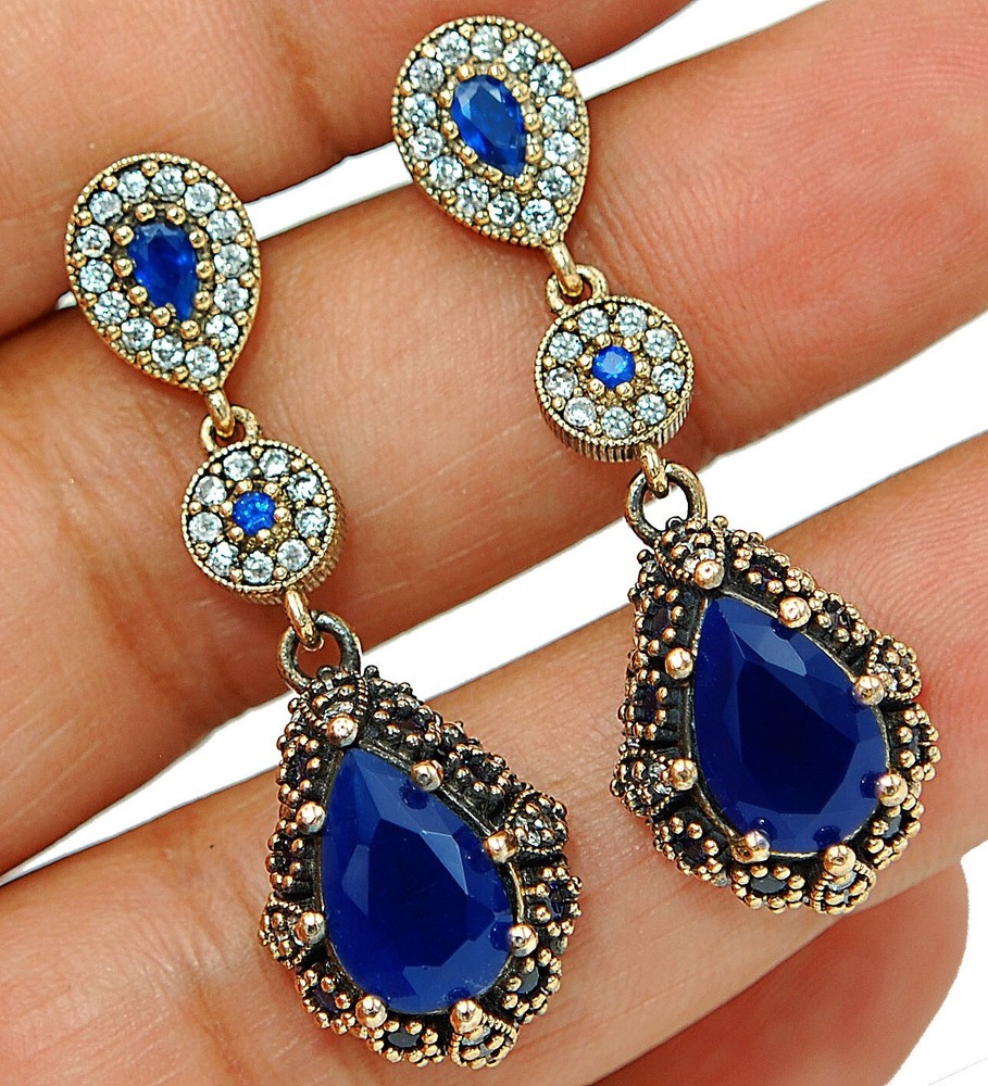 Ottoman Empire Style 8CT Treated Sapphire 925 Sterling Silver Earrings AB3562