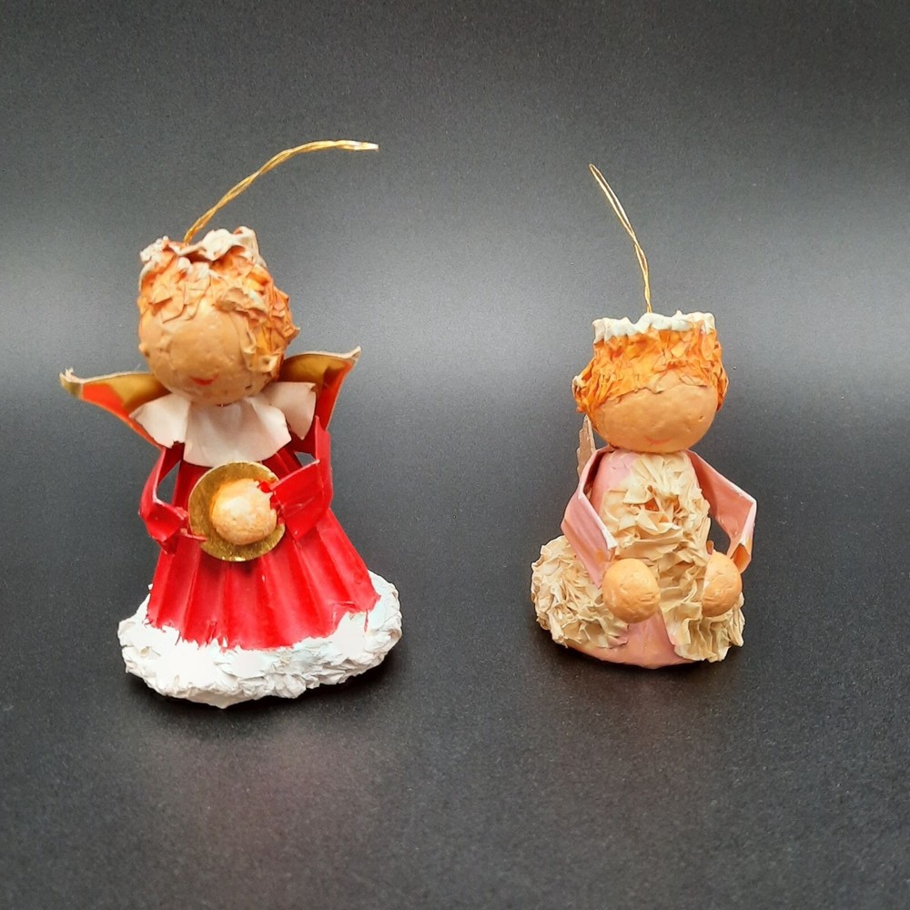 Vintage Handcrafted Paper Mache Angel Ornaments with Hanging Loops