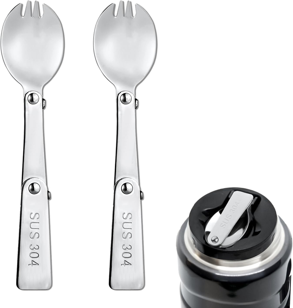 2Pcs Spork for Thermos Stainless Steel King Vacuum Insulated Food Jar 16Oz, Fold
