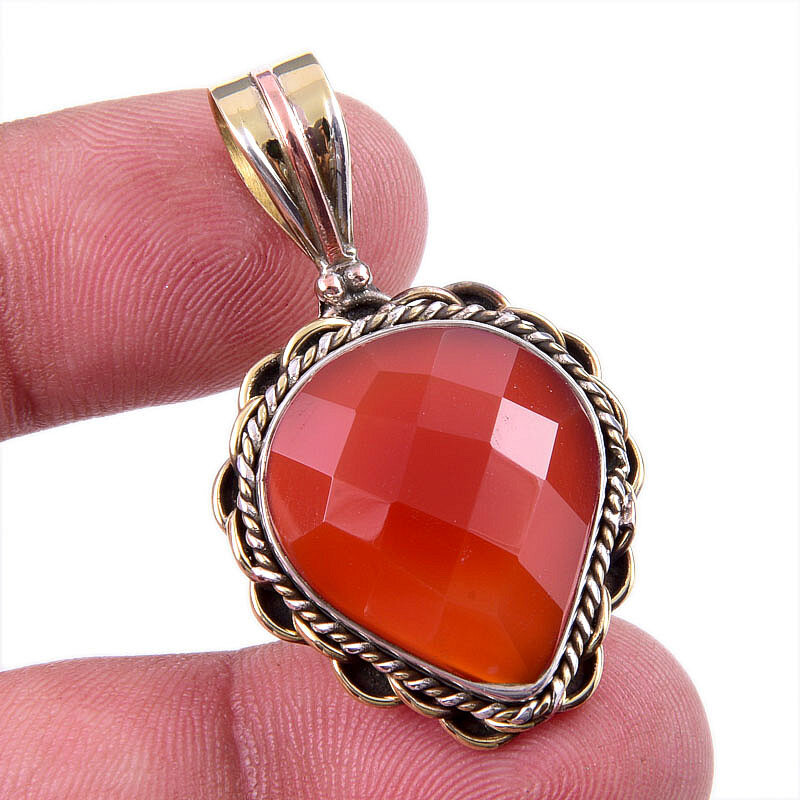 Natural Carnelian Gemstone Two-Tone 925 Sterling Silver Pendant 1.5 Inch