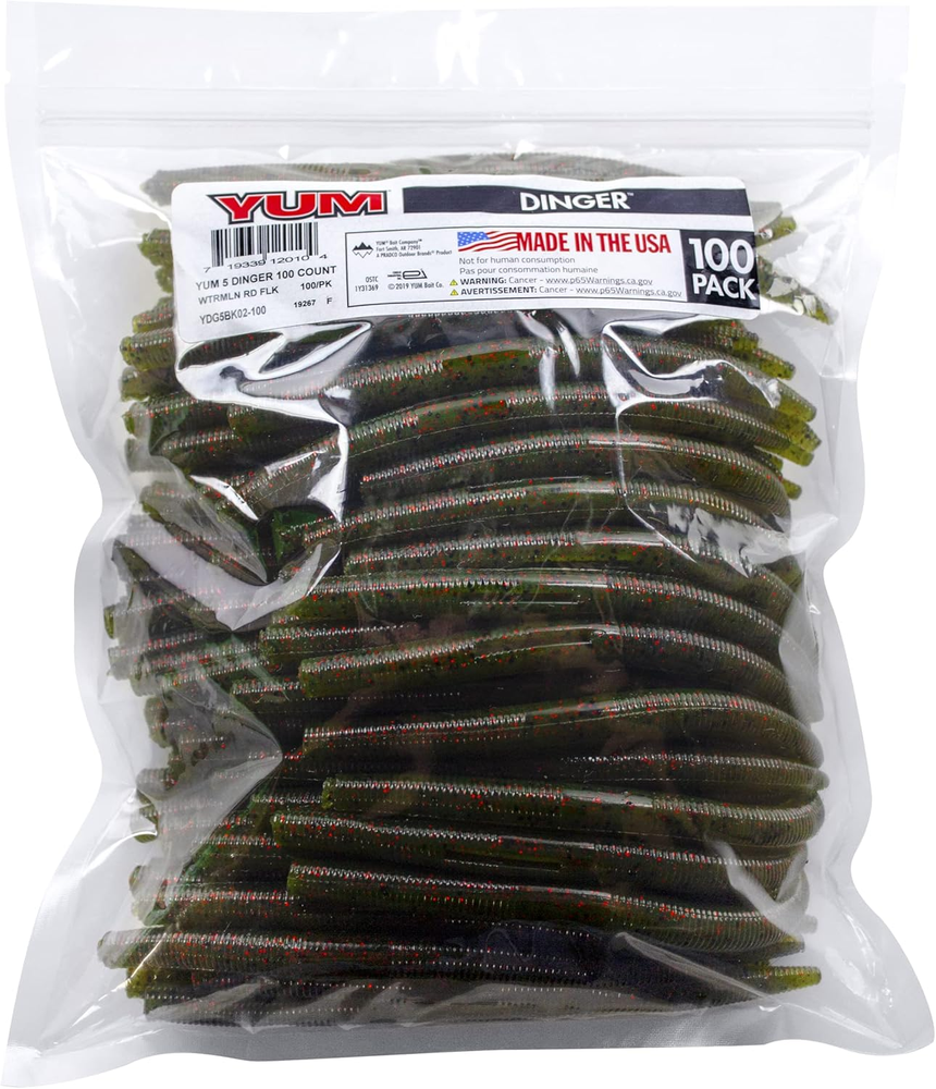YUM Dinger Classic Worm Soft Plastic Bass Fishing Lure 100-Pack in 5-Inch Size