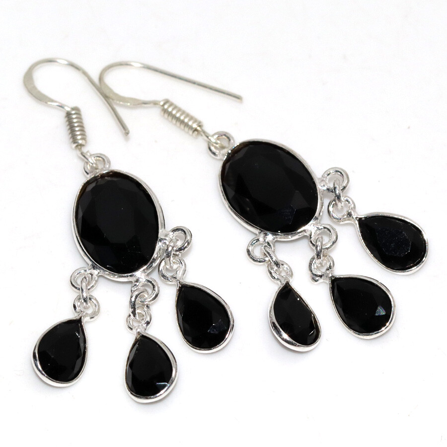 925 Silver Plated Black Onyx Faceted Ethnic Earrings Jewelry Size 2